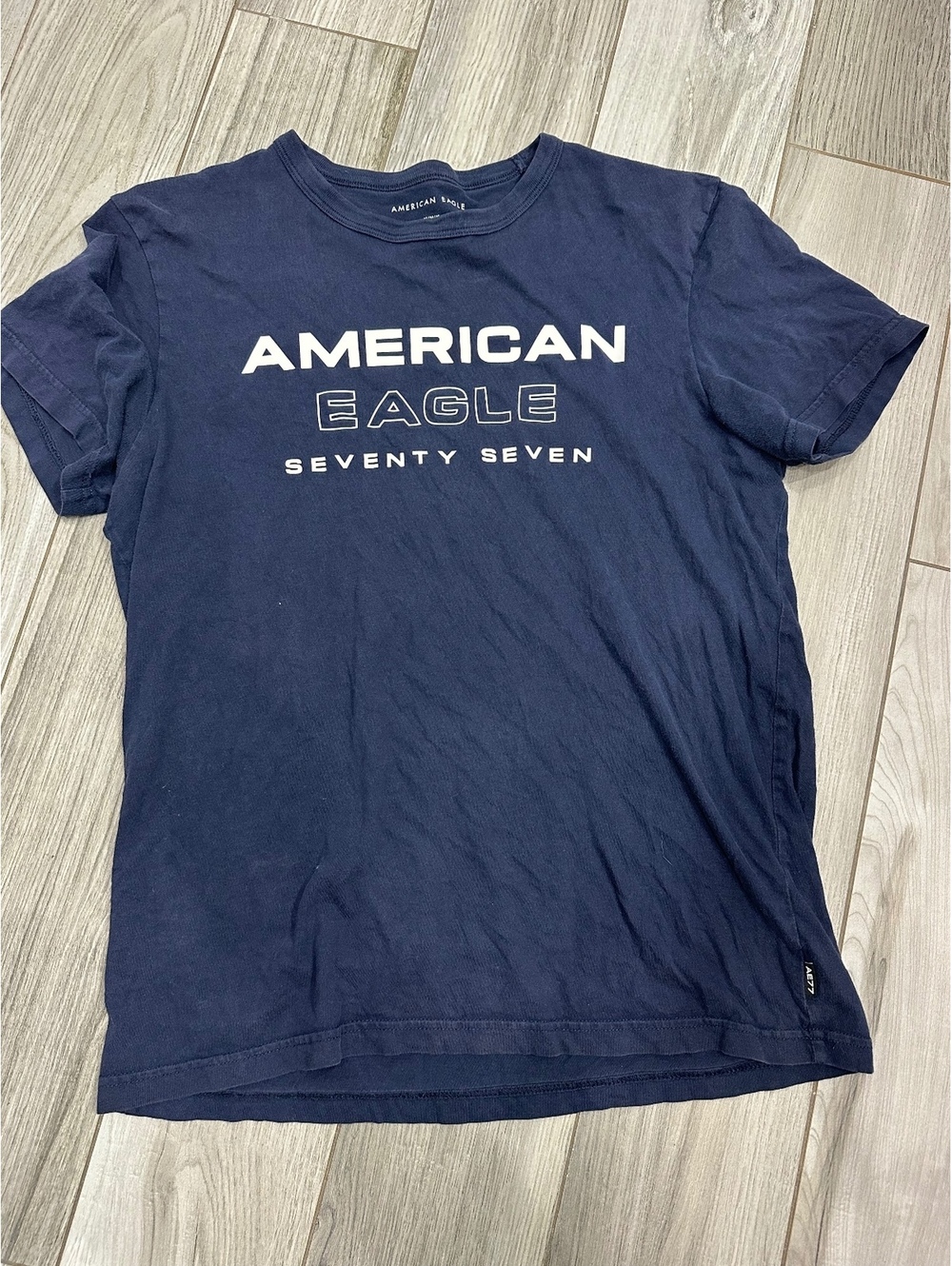 American Eagle Navy Blue Graphic T-Shirt SEVENTY SEVEN Print Medium